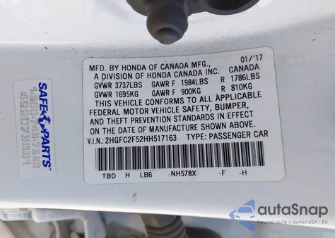 2017 Honda Civic Lx из США, поврежденный, VIN 2HGFC2F52HH517163